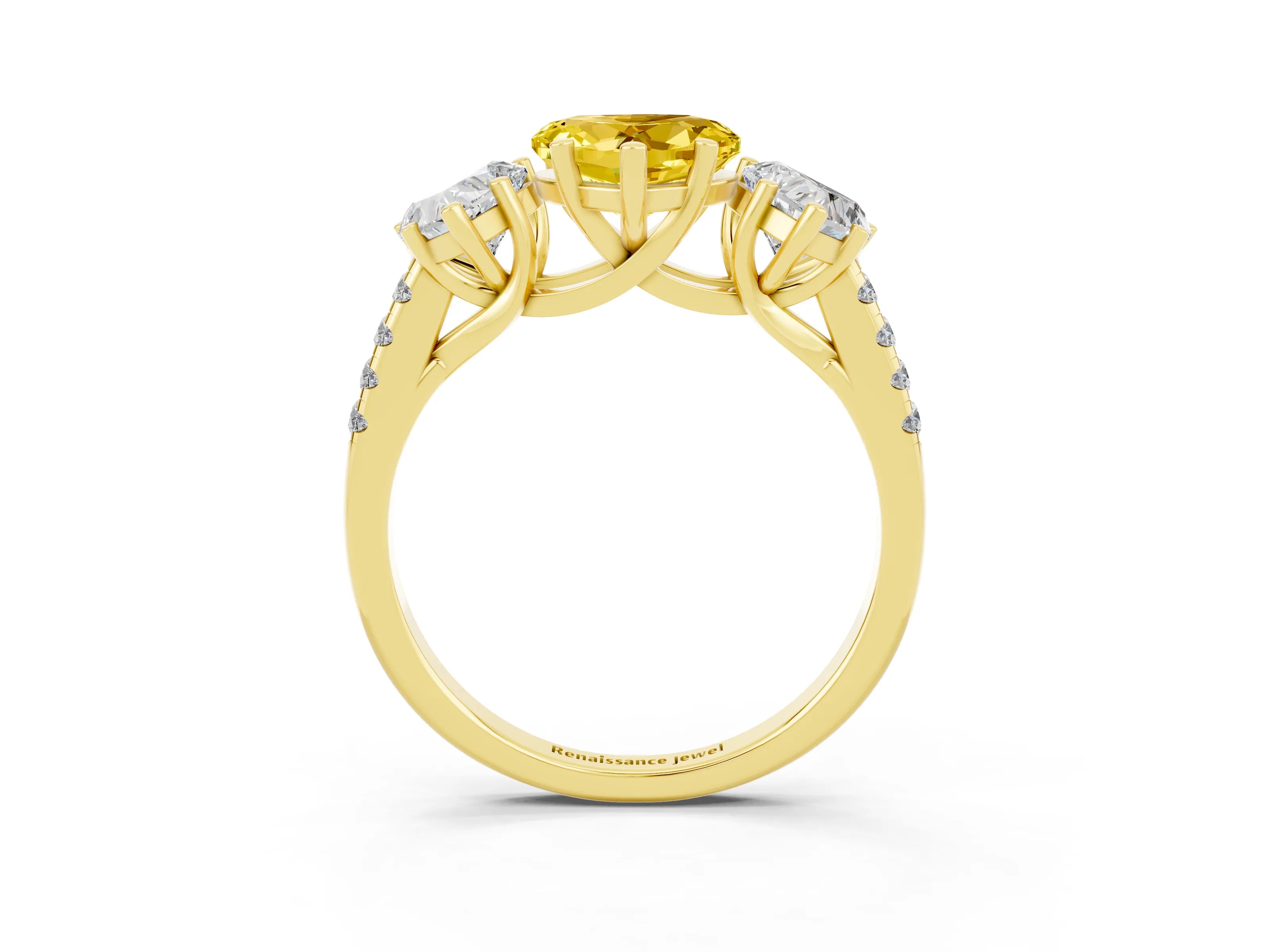 Yellow gold Three-Stone Heart Cut Yellow Sapphire Ring with Pavé Band and Prong Setting_39