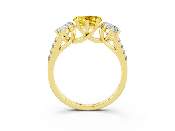 Yellow gold Three-Stone Heart Cut Yellow Sapphire Ring with Round  Pavé Band and Prong Setting