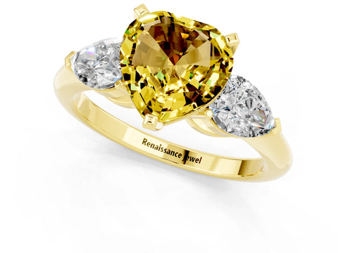 Yellow gold Three-Stone Heart Cut Yellow Sapphire Ring with Pear Side Stones and Four-Prong Setting_25