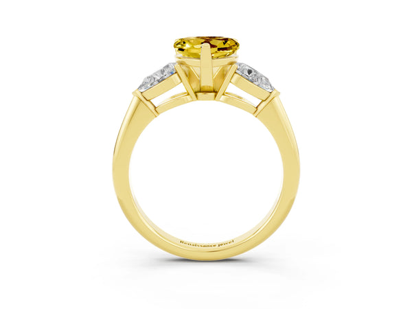 Yellow gold Three-Stone Heart Cut Yellow Sapphire Ring with Pear Side Stones and Four-Prong Setting