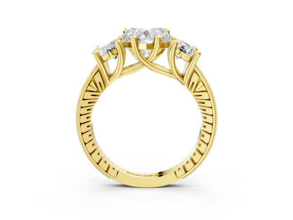 Yellow Gold Heart-Shaped Three-Stone Vintage Engagement Ring Setting with Milgrain Pave Band