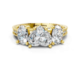 Yellow gold Three-Stone Heart Diamond Milgrain Pave Band with Prong Setting