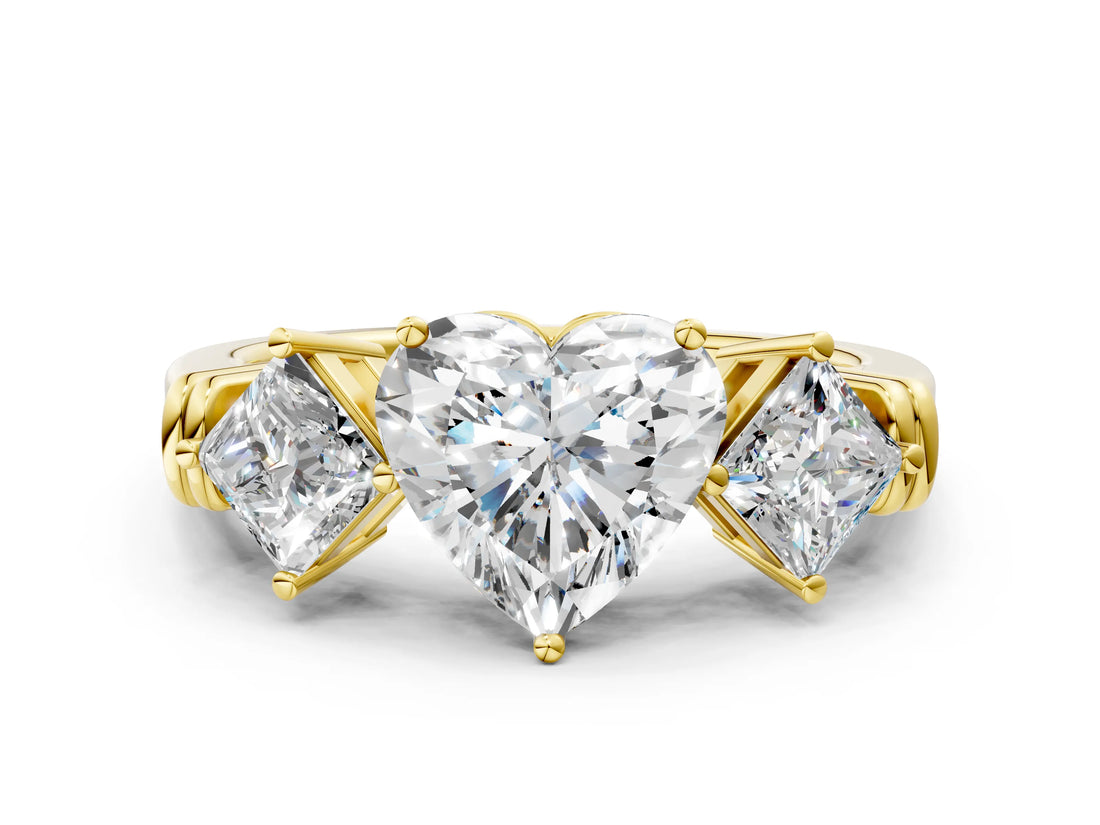 Yellow gold Three-Stone Heart and Princess Cut Diamond Ring with Channel Band and Four-Prong Setting_16