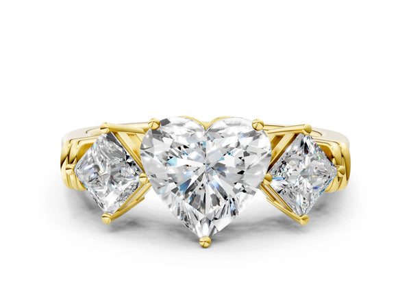 Yellow Gold Heart-Shaped Three Stone Engagement Ring Setting with On-Point Princess Side Stones