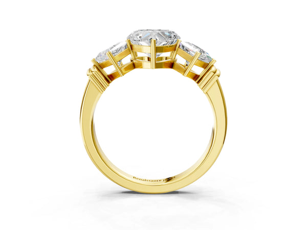 Yellow Gold Heart-Shaped Three Stone Engagement Ring Setting with On-Point Princess Side Stones
