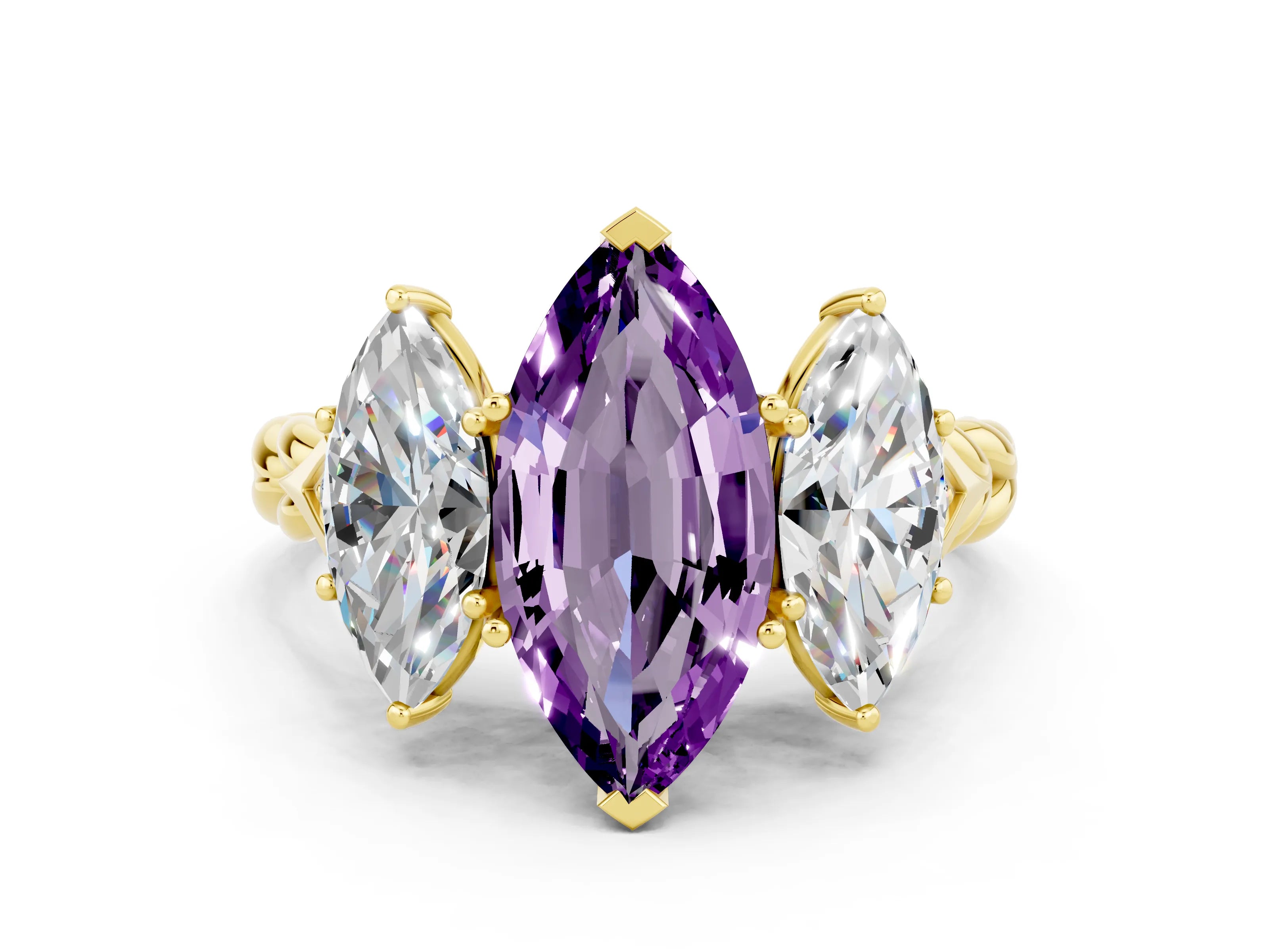 Yellow gold Three-Stone Marquise Cut Amethyst Braided Band Ring with Four-Prong Setting_12