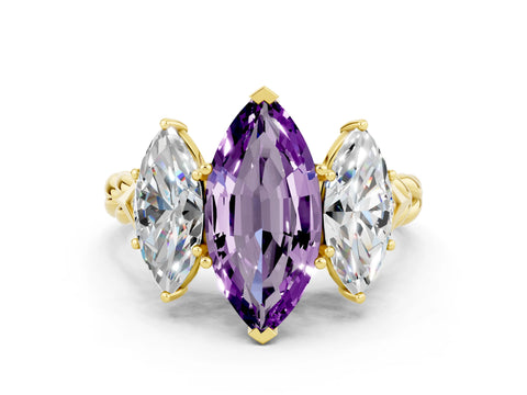 Yellow gold Three-Stone Marquise Cut Amethyst Braided Band Ring with Four-Prong Setting_12