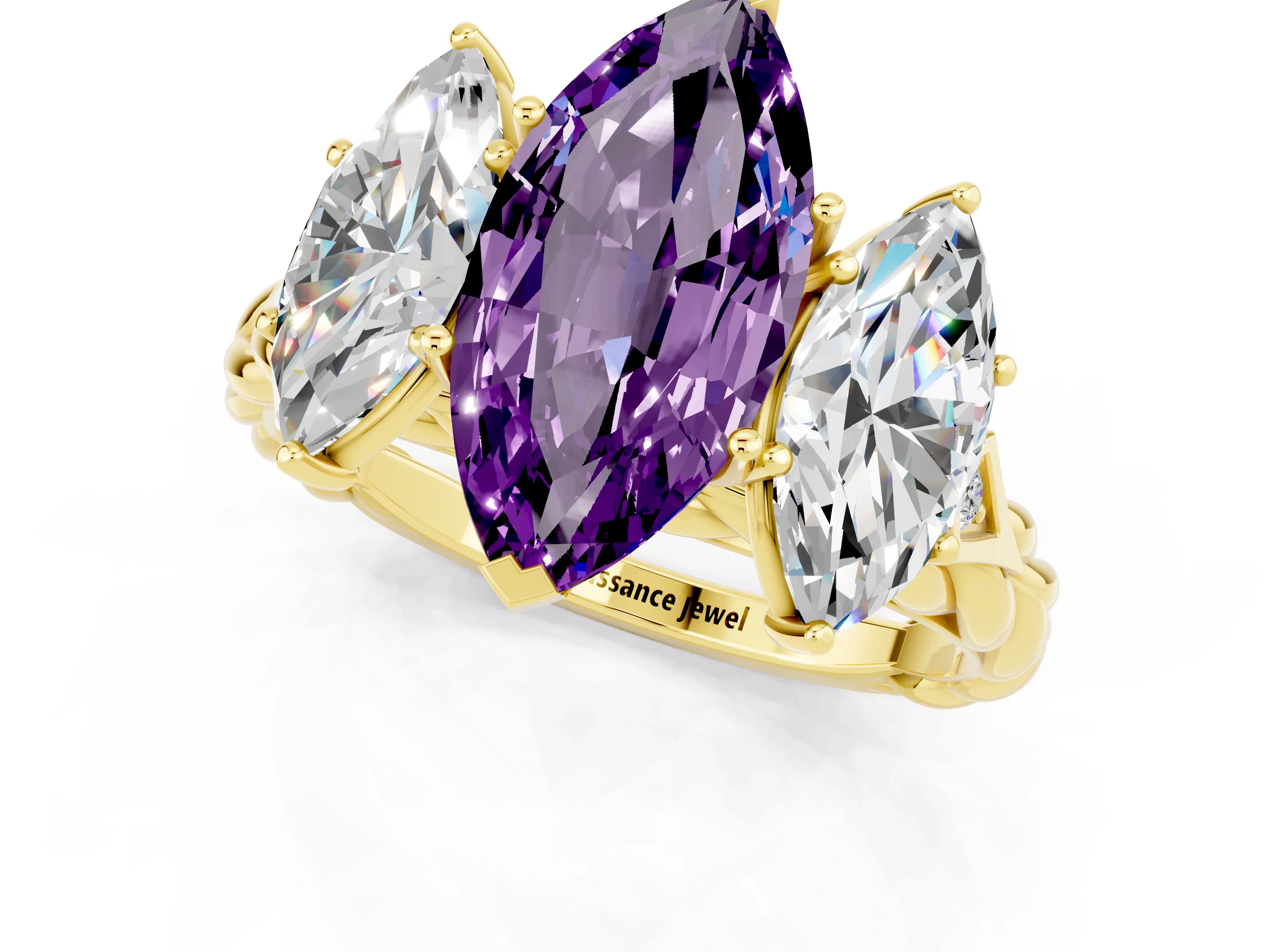 Yellow gold Three-Stone Marquise Cut Amethyst Braided Band Ring with Four-Prong Setting_13