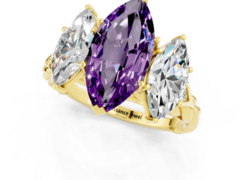 Yellow gold Three-Stone Marquise Cut Amethyst Braided Band Ring with Four-Prong Setting_13
