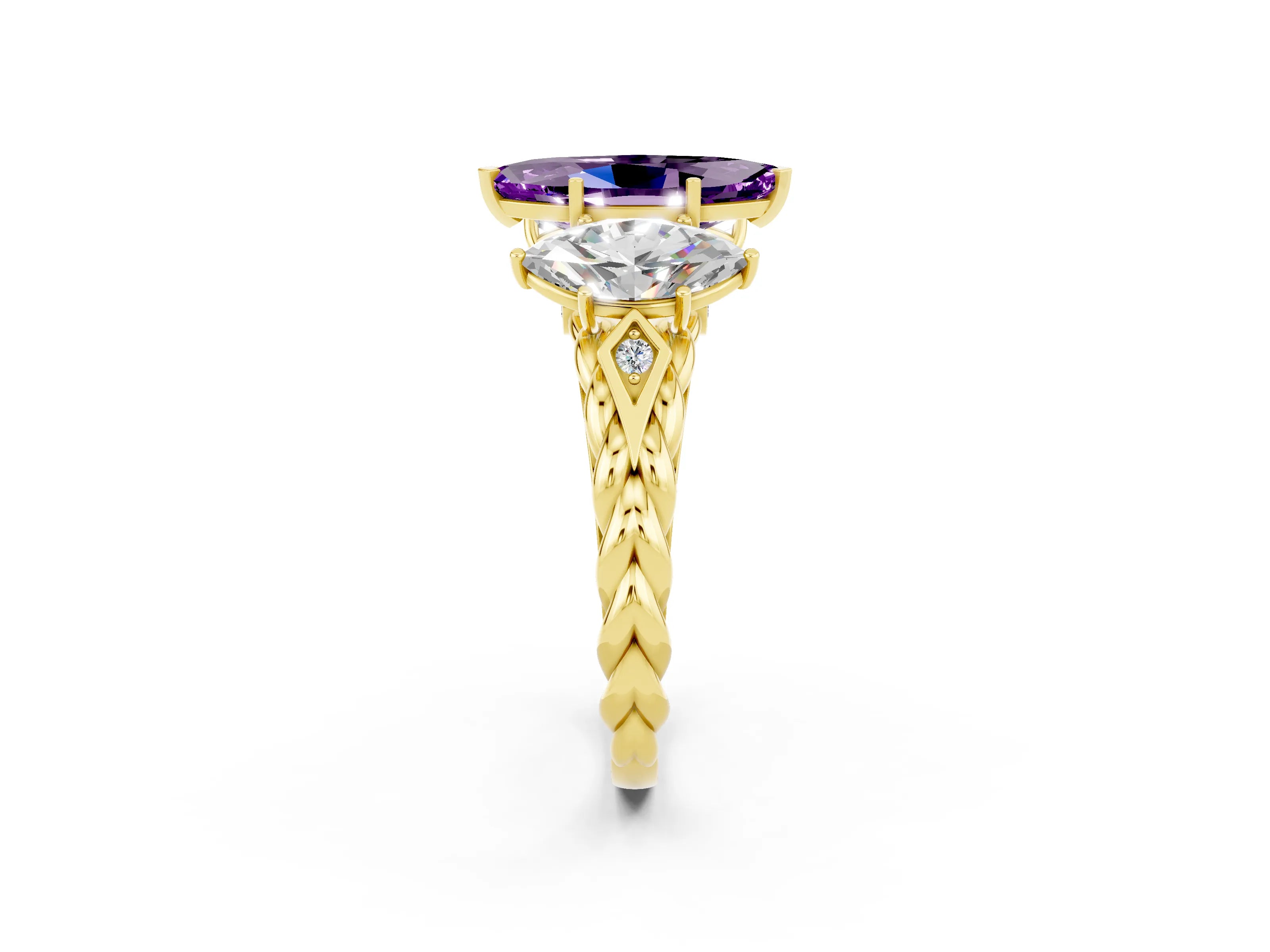 Yellow gold Three-Stone Marquise Cut Amethyst Braided Band Ring with Four-Prong Setting_14