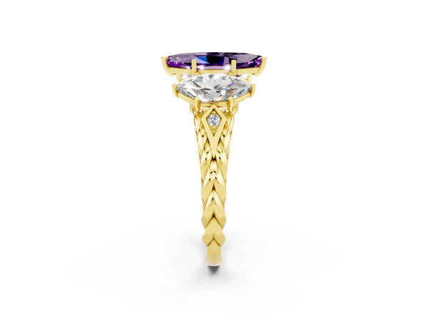 Yellow gold Three-Stone Marquise Cut Amethyst Braided Band Ring with Four-Prong Setting