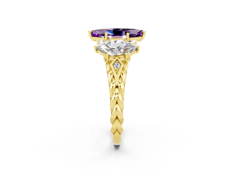 Yellow gold Three-Stone Marquise Cut Amethyst Braided Band Ring with Four-Prong Setting_14