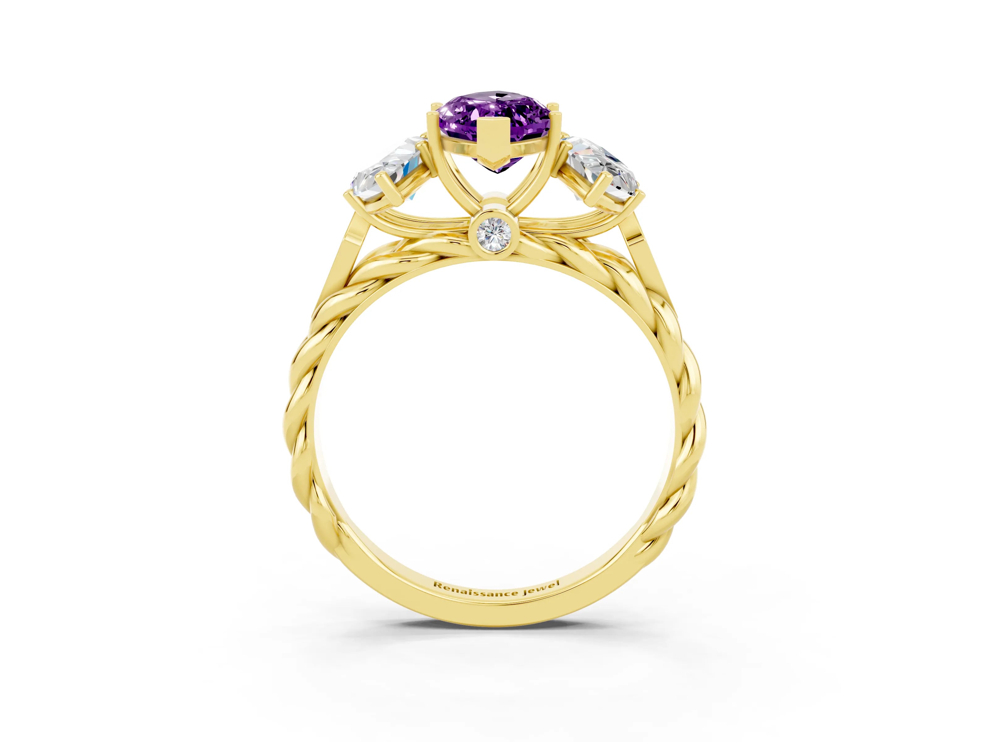Yellow gold Three-Stone Marquise Cut Amethyst Braided Band Ring with Four-Prong Setting_15