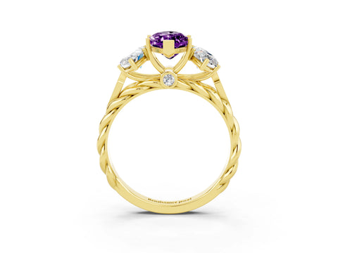 Yellow gold Three-Stone Marquise Cut Amethyst Braided Band Ring with Four-Prong Setting_15