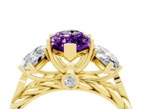 Yellow gold Three-Stone Marquise Cut Amethyst Braided Band Ring with Four-Prong Setting_16