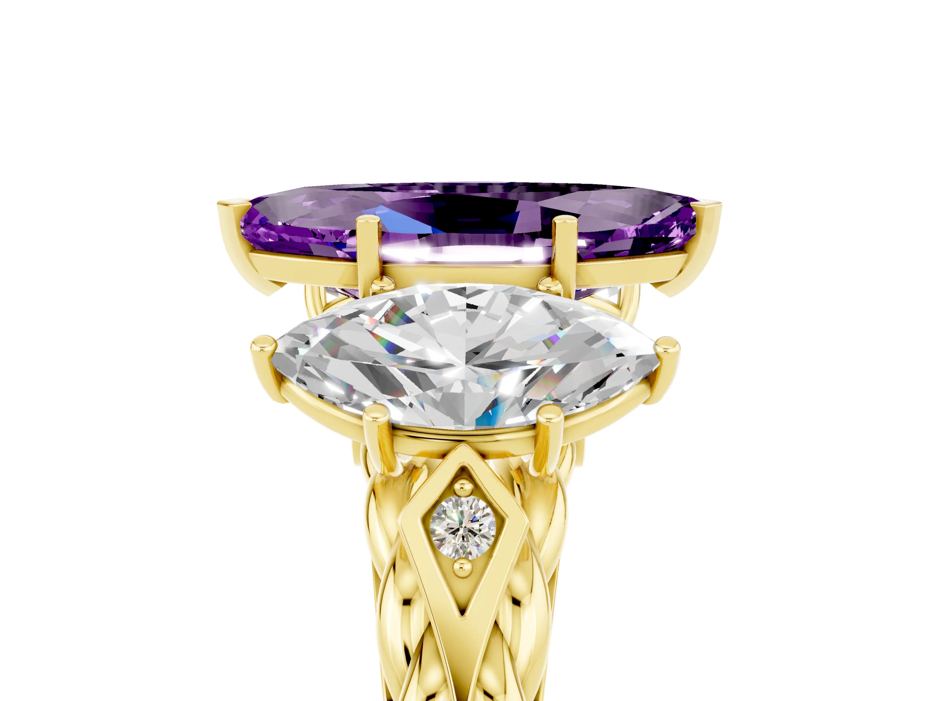 Yellow gold Three-Stone Marquise Cut Amethyst Braided Band Ring with Four-Prong Setting_17