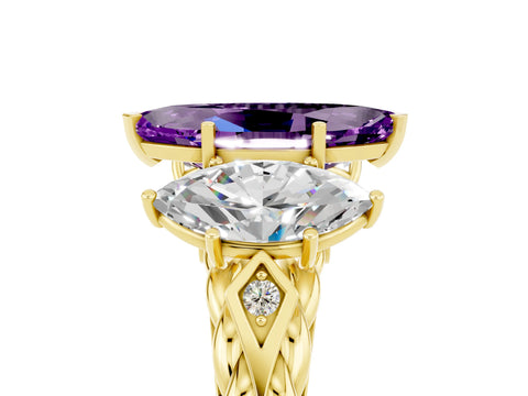 Yellow gold Three-Stone Marquise Cut Amethyst Braided Band Ring with Four-Prong Setting_17