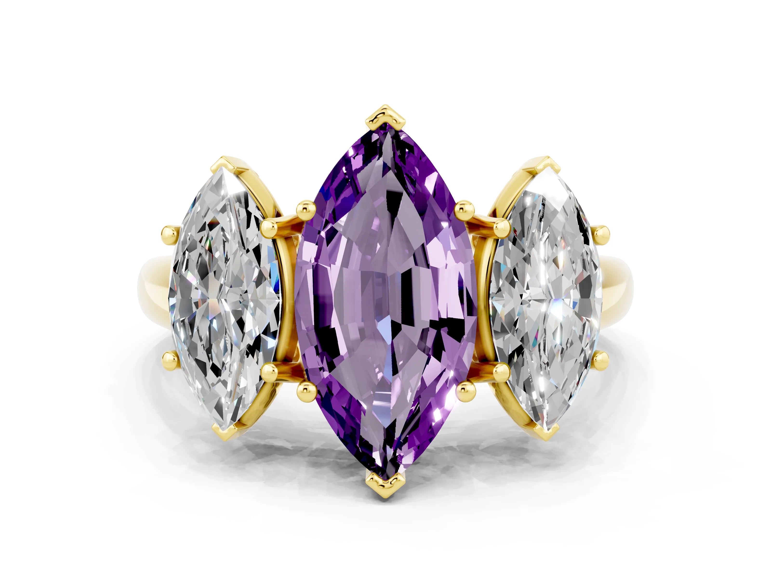 Yellow gold Three-Stone Marquise Cut Amethyst Engagement Ring with Prong Setting