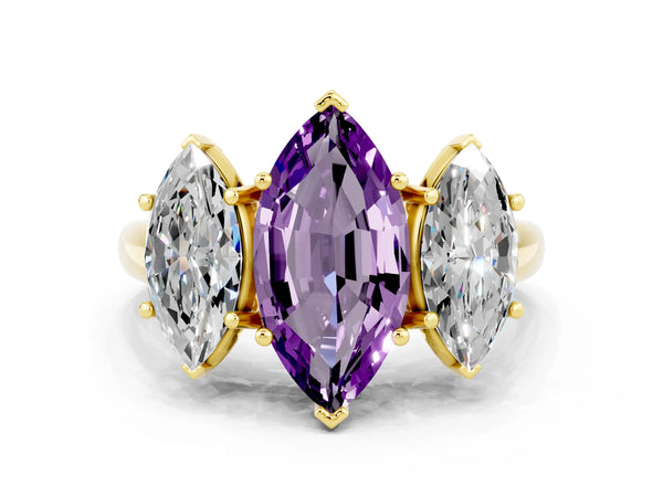 Yellow gold Three-Stone Marquise Cut Amethyst Engagement Ring with Prong Setting