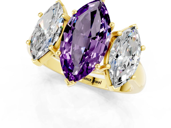 Yellow gold Three-Stone Marquise Cut Amethyst Engagement Ring with Prong Setting