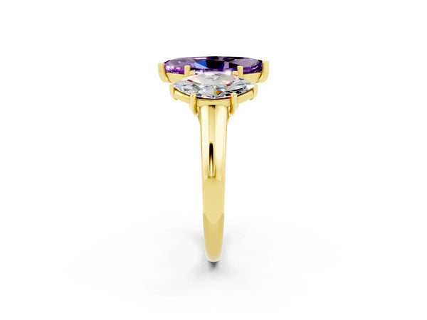 Yellow gold Three-Stone Marquise Cut Amethyst Engagement Ring with Prong Setting