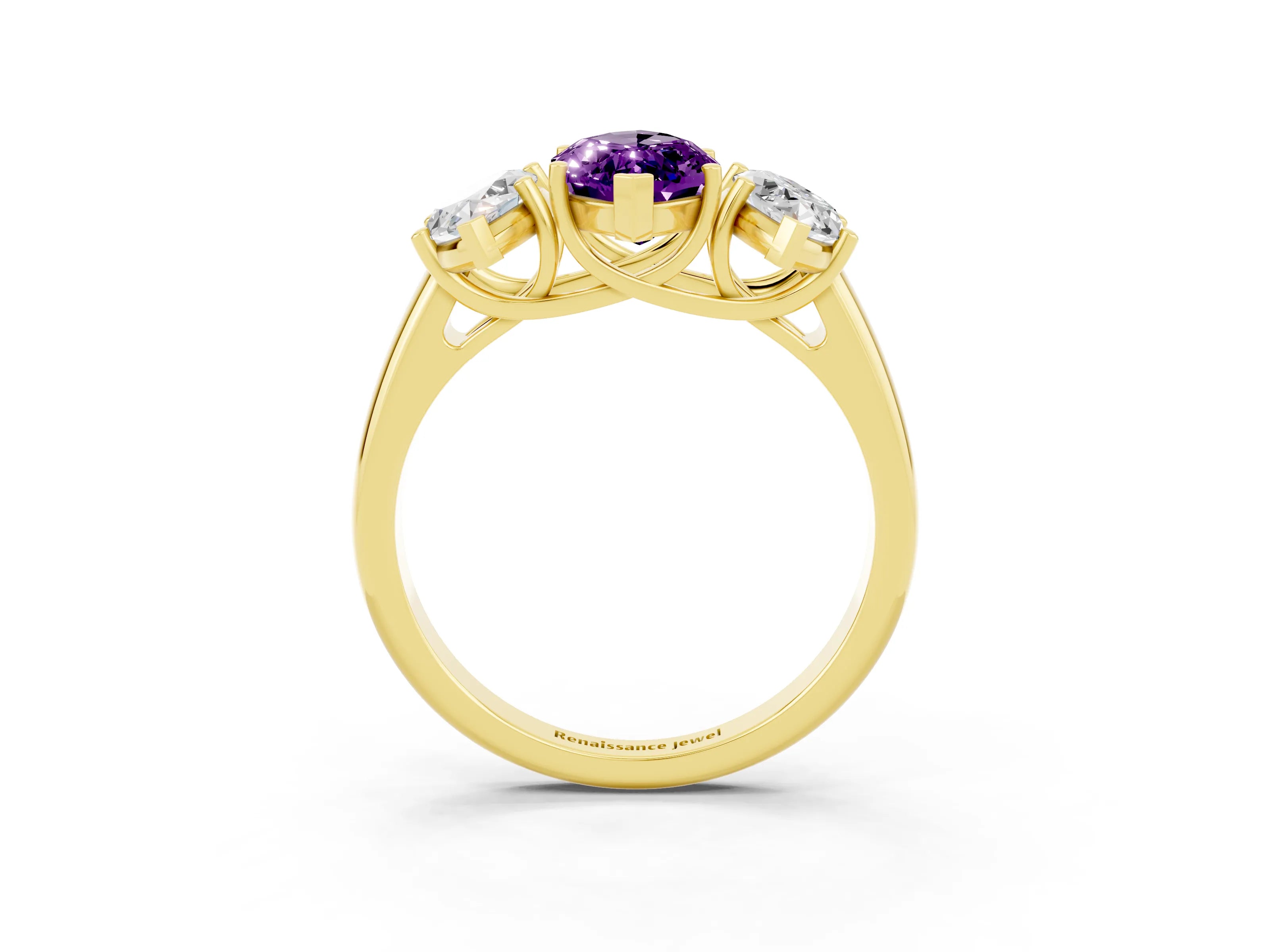 Yellow gold Three-Stone Marquise Cut Amethyst Engagement Ring with Prong Setting_3