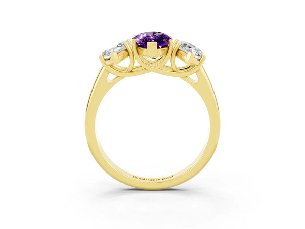 Yellow gold Three-Stone Marquise Cut Amethyst Engagement Ring with Prong Setting