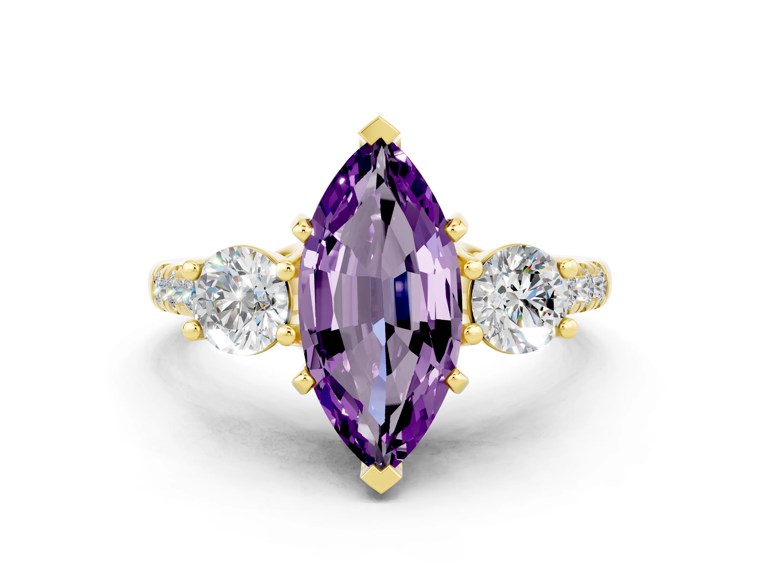 Yellow gold Three-Stone Marquise Cut Amethyst Pavé Band with Four-Prong Setting
