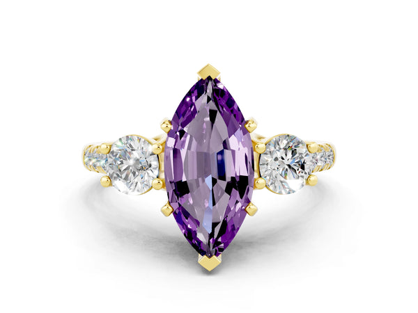 Yellow gold Three-Stone Marquise Cut Amethyst Pavé Band with Four-Prong Setting