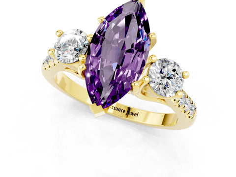 Yellow gold Three-Stone Marquise Cut Amethyst Pavé Band with Four-Prong Setting_1