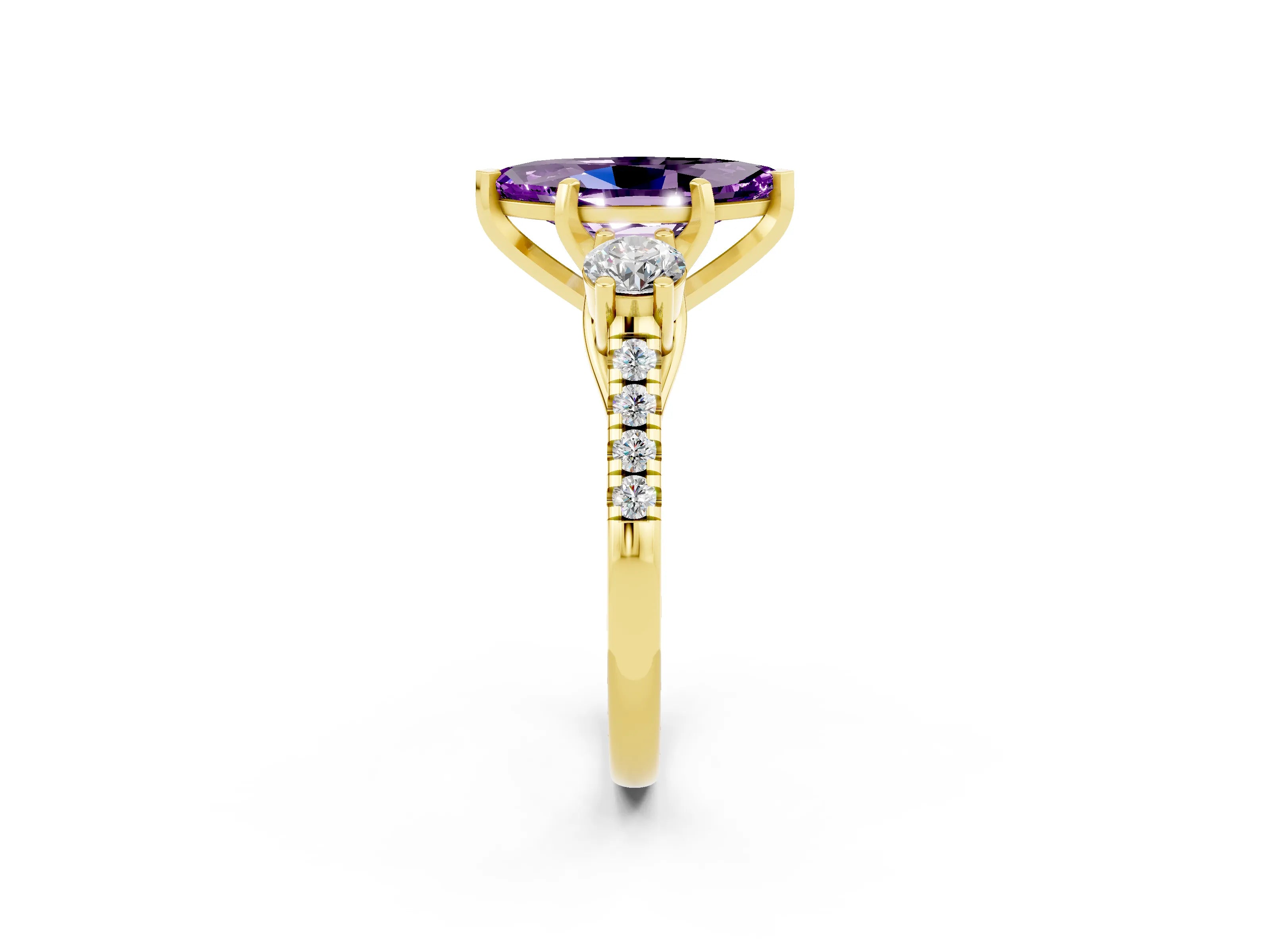 Yellow gold Three-Stone Marquise Cut Amethyst Pavé Band with Four-Prong Setting_2