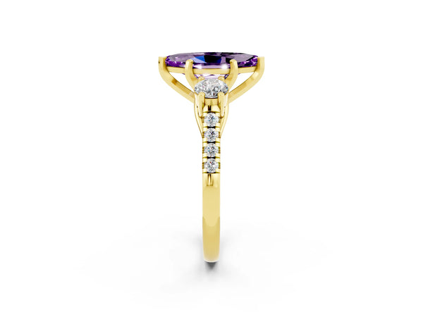 Yellow gold Three-Stone Marquise Cut Amethyst Pavé Band with Four-Prong Setting