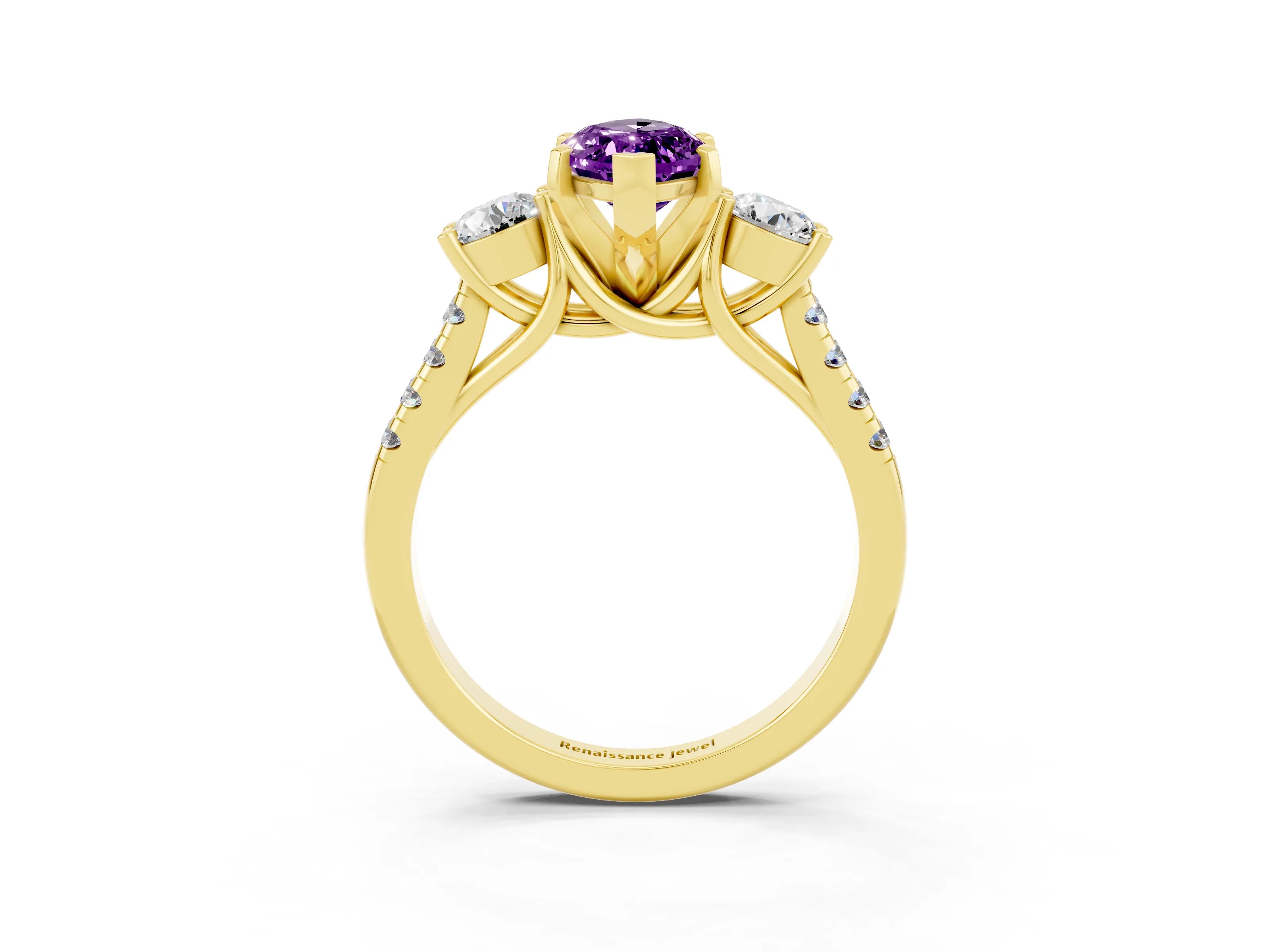 Yellow gold Three-Stone Marquise Cut Amethyst Pavé Band with Four-Prong Setting_3