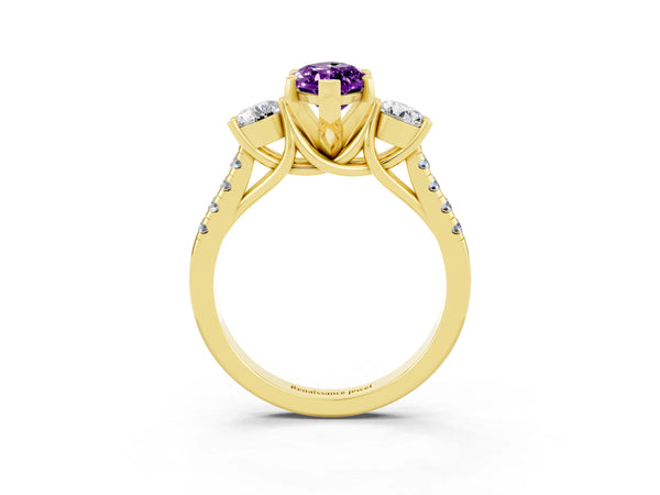 Yellow gold Three-Stone Marquise Cut Amethyst Pavé Band with Four-Prong Setting