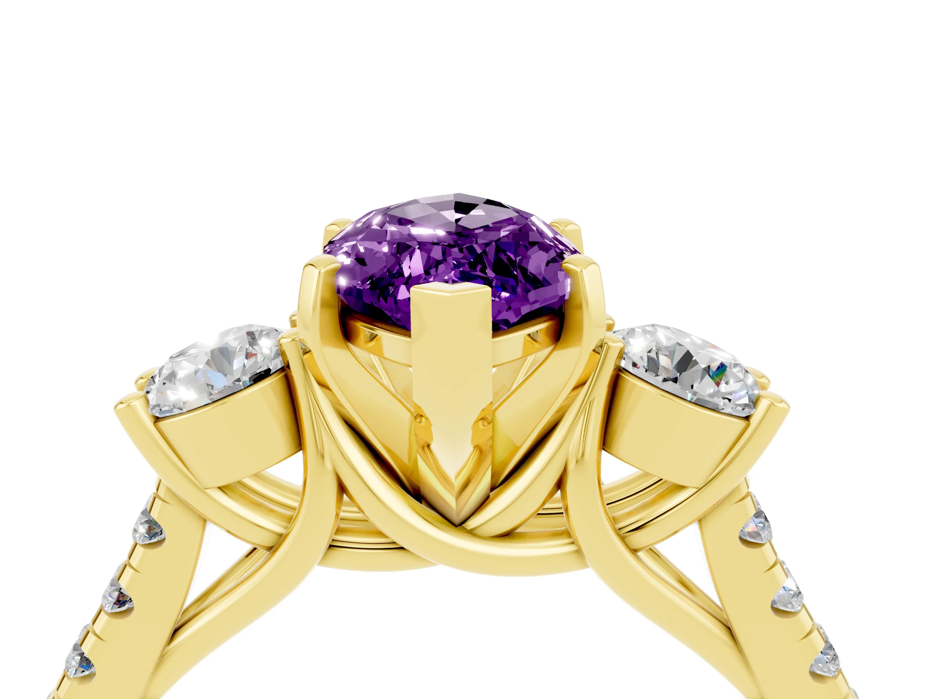 Yellow gold Three-Stone Marquise Cut Amethyst Pavé Band with Four-Prong Setting_4