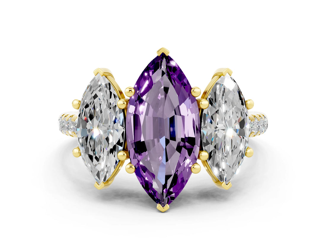 Yellow gold Three-Stone Marquise Cut Amethyst Ring with Pavé Band and Prong Setting_12