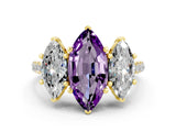 Yellow gold Three-Stone Marquise Cut Amethyst Ring with Pavé Band and Prong Setting_12