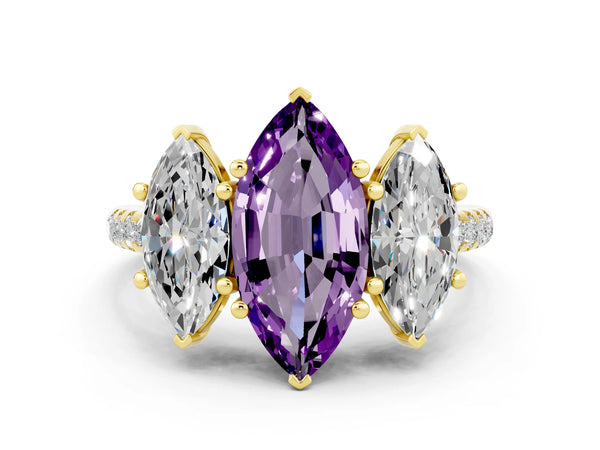 Yellow gold Three-Stone Marquise Cut Amethyst Ring with Round  Pavé Band and Prong Setting