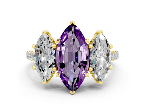 Yellow gold Three-Stone Marquise Cut Amethyst Ring with Pavé Band and Prong Setting_12