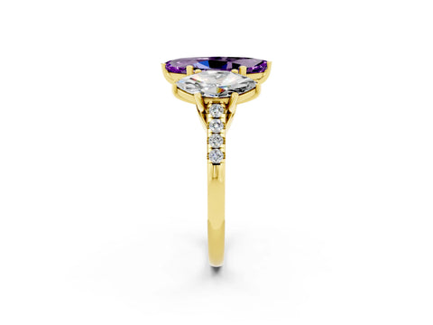 Yellow gold Three-Stone Marquise Cut Amethyst Ring with Pavé Band and Prong Setting_14