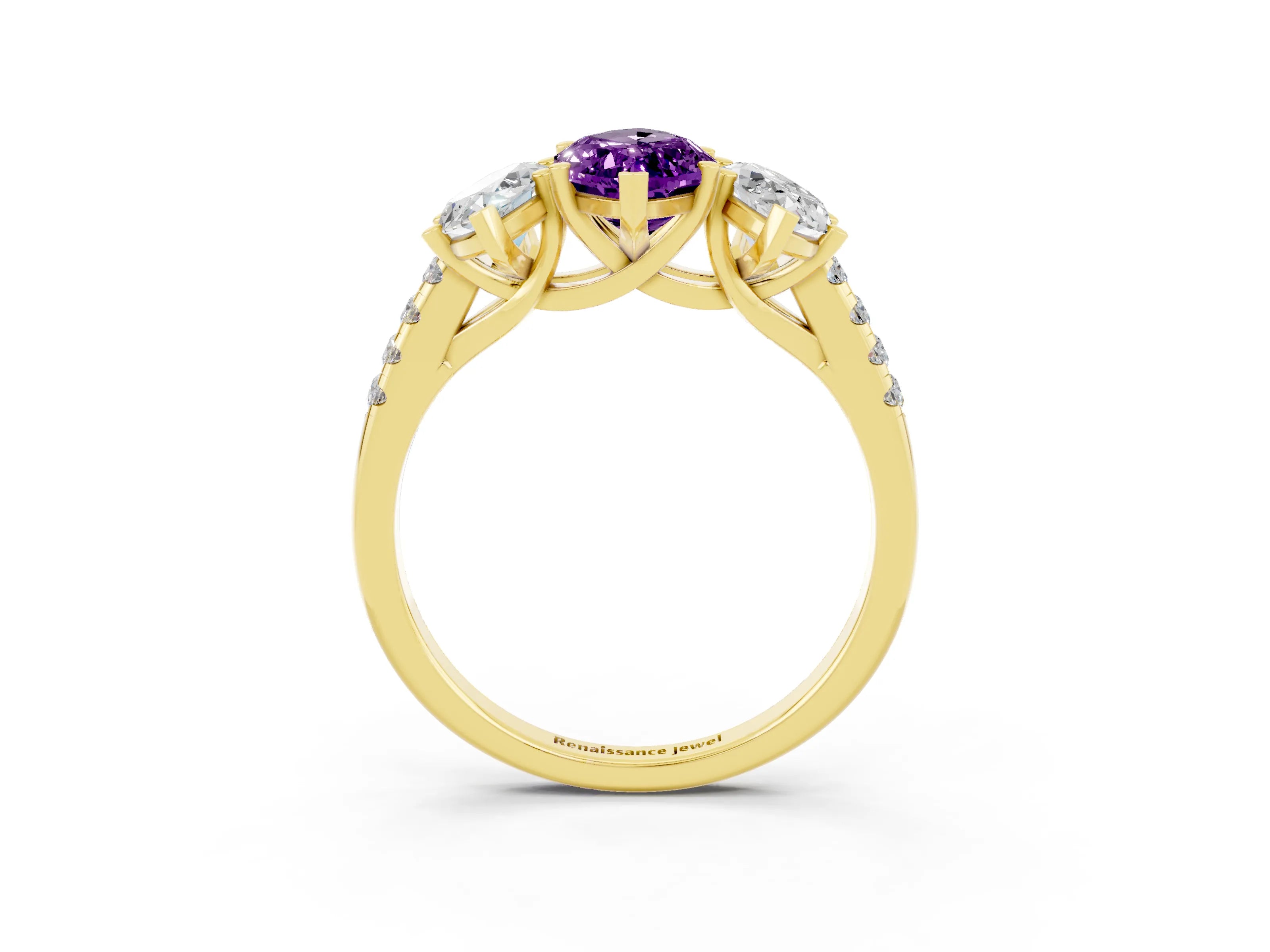 Yellow gold Three-Stone Marquise Cut Amethyst Ring with Pavé Band and Prong Setting_15