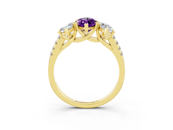 Yellow gold Three-Stone Marquise Cut Amethyst Ring with Round  Pavé Band and Prong Setting