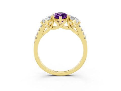 Yellow gold Three-Stone Marquise Cut Amethyst Ring with Pavé Band and Prong Setting_15