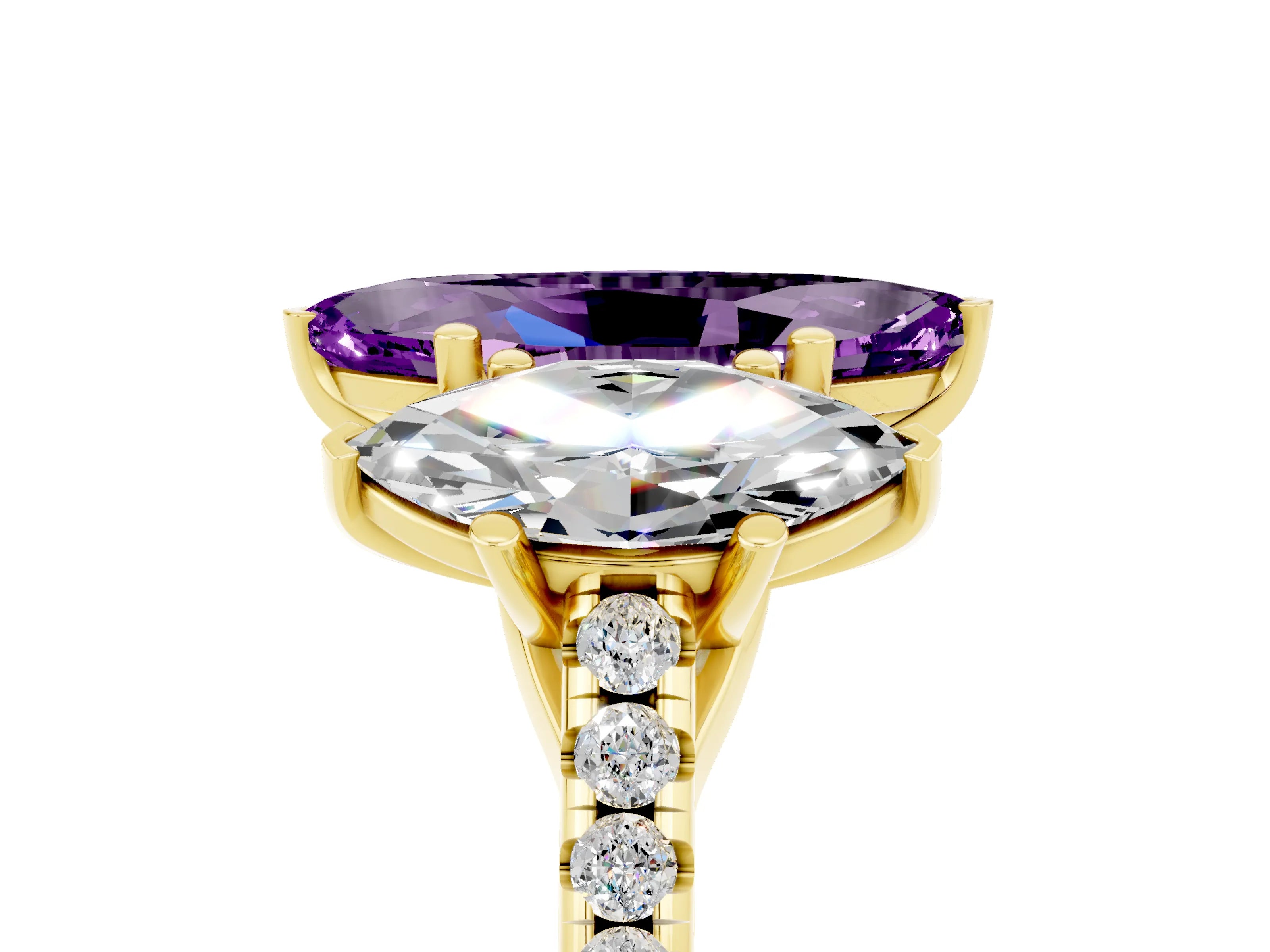 Yellow gold Three-Stone Marquise Cut Amethyst Ring with Pavé Band and Prong Setting_17