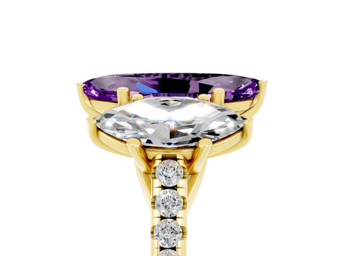Yellow gold Three-Stone Marquise Cut Amethyst Ring with Pavé Band and Prong Setting_17