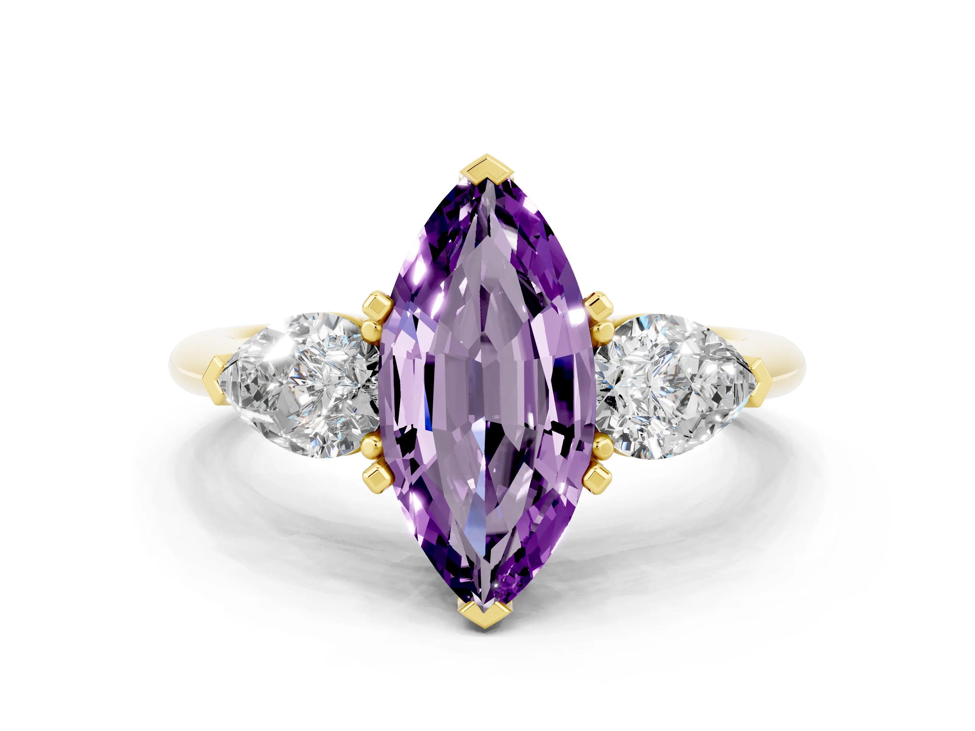 Yellow gold Three-Stone Marquise Cut Amethyst Ring with Pear Side Stones and Four-Prong Setting