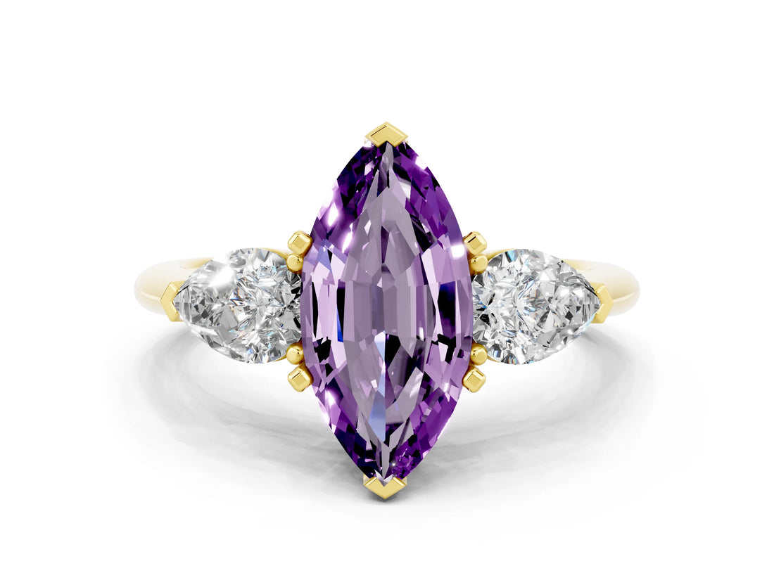 Yellow gold Three-Stone Marquise Cut Amethyst Ring with Pear Side Stones and Four-Prong Setting