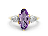 Yellow gold Three-Stone Marquise Cut Amethyst Ring with Pear Side Stones and Four-Prong Setting