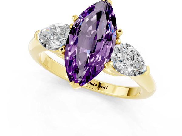 Yellow gold Three-Stone Marquise Cut Amethyst Ring with Pear Side Stones and Four-Prong Setting