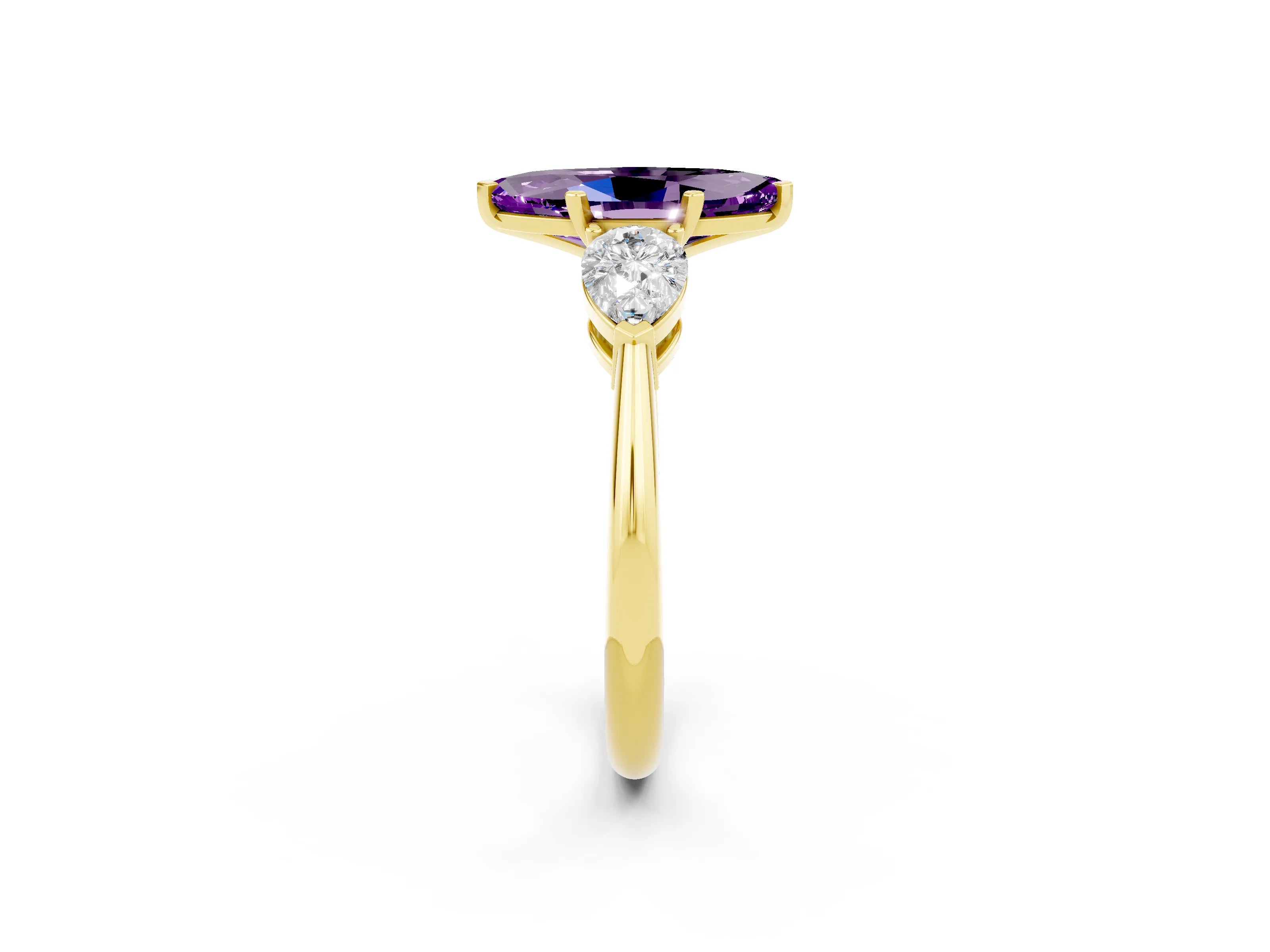 Yellow gold Three-Stone Marquise Cut Amethyst Ring with Pear Side Stones and Four-Prong Setting_2